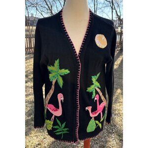 Tropical Flamingo Palm Tree Embroidered Open Cardigan Sweater Quacker Factory